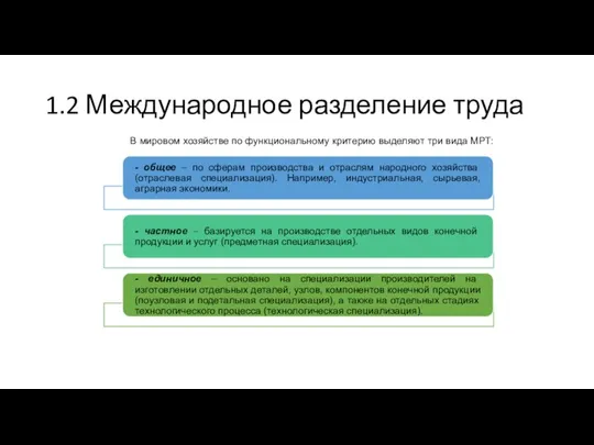 1.2 Международное разделение труда В мировом хозяйстве по функциональному критерию выделяют три вида МРТ: