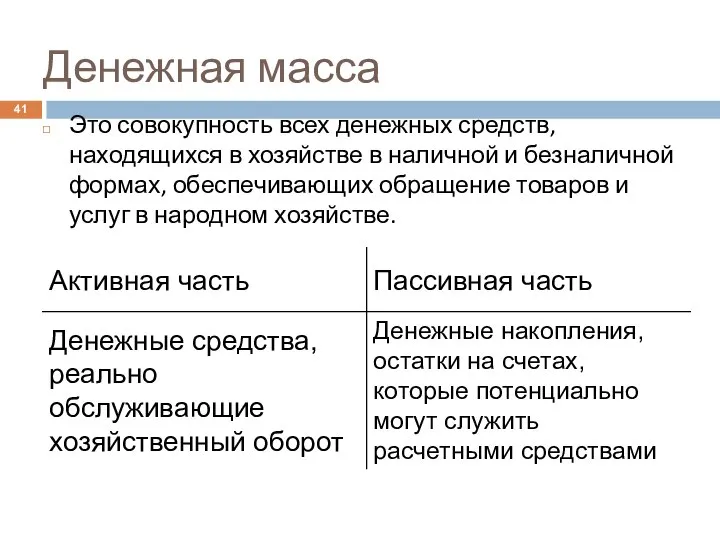 Денежная масса Это совокупность всех денежных средств, находящихся в хозяйстве в наличной