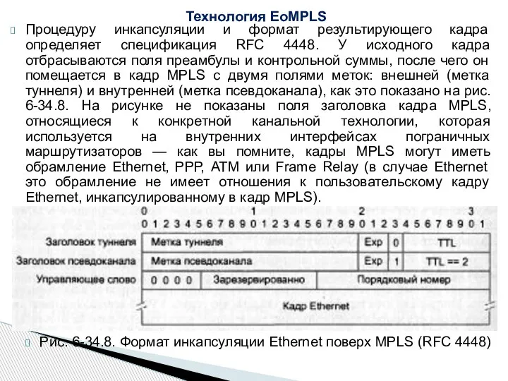 Процедуру инкапсуляции и формат результирующего кадра определяет спецификация RFC 4448. У исходного