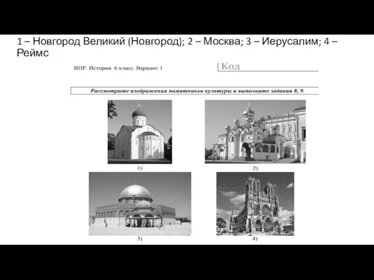 1 – Новгород Великий (Новгород); 2 – Москва; 3 – Иерусалим; 4 – Реймс