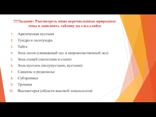 !!!!Задание: Рассмотреть ниже перечисленные природные зоны и заполнить таблицу на след.слайде Арктическая