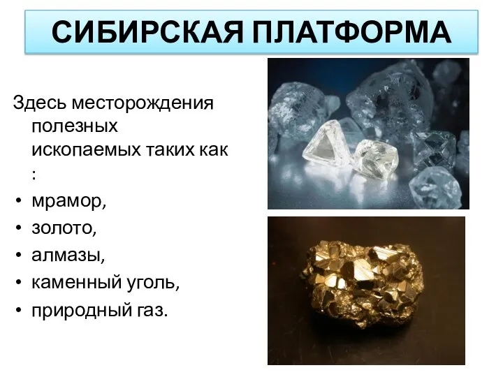 Здесь месторождения полезных ископаемых таких как : мрамор, золото, алмазы, каменный уголь, природный газ. СИБИРСКАЯ ПЛАТФОРМА