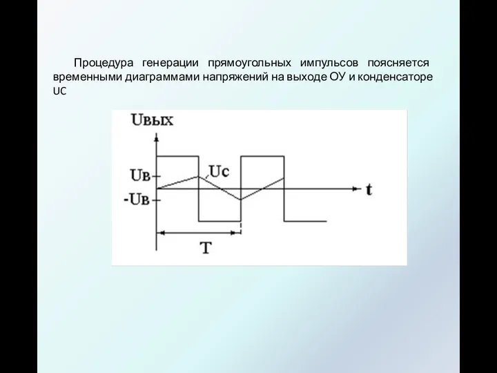 Процедура генерации прямоугольных импульсов поясняется временными диаграмма­ми напряжений на выходе ОУ и конденсаторе UC