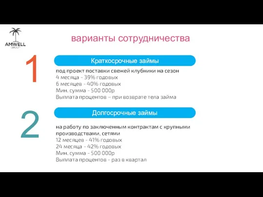 варианты сотрудничества 2 Краткосрочные займы 1 Долгосрочные займы под проект поставки свежей