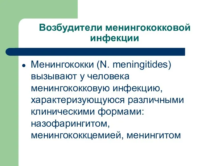 Возбудители менингококковой инфекции Менингококки (N. meningitides) вызывают у человека менингококковую инфекцию, характеризующуюся