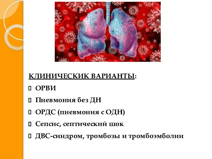 КЛИНИЧЕСКИК ВАРИАНТЫ: ОРВИ Пневмония без ДН ОРДС (пневмония с ОДН) Сепсис, септический