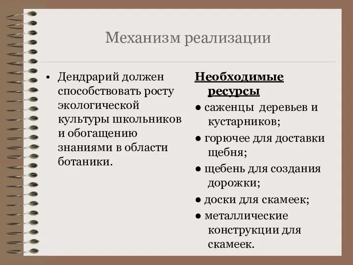 Механизм реализации Дендрарий должен способствовать росту экологической культуры школьников и обогащению знаниями