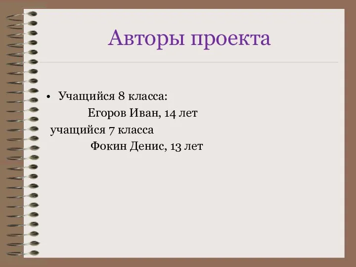 Авторы проекта Учащийся 8 класса: Егоров Иван, 14 лет учащийся 7 класса Фокин Денис, 13 лет