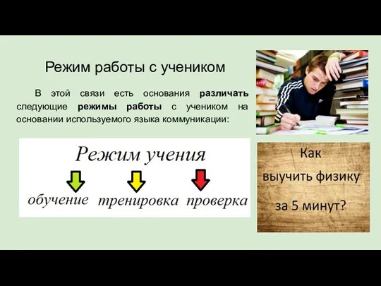 Режим работы с учеником В этой связи есть основания различать следующие режимы