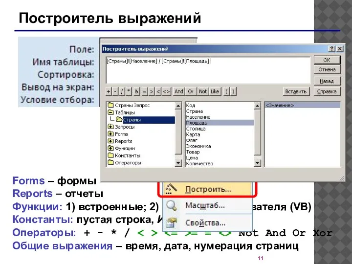Построитель выражений Forms – формы Reports – отчеты Функции: 1) встроенные; 2)