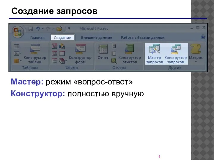 Создание запросов Мастер: режим «вопрос-ответ» Конструктор: полностью вручную