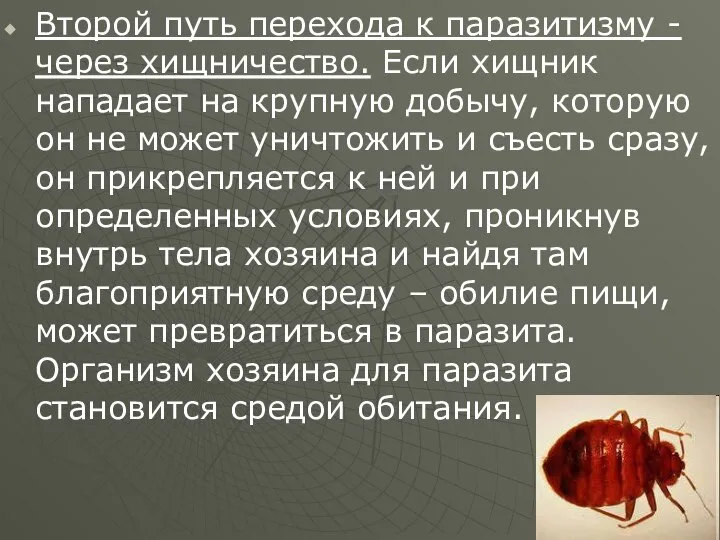 Второй путь перехода к паразитизму - через хищничество. Если хищник нападает на