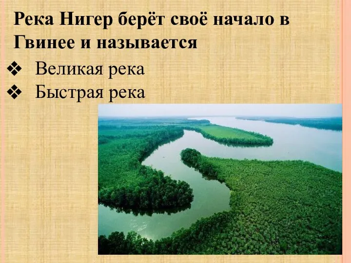 Река Нигер берёт своё начало в Гвинее и называется Великая река Быстрая река