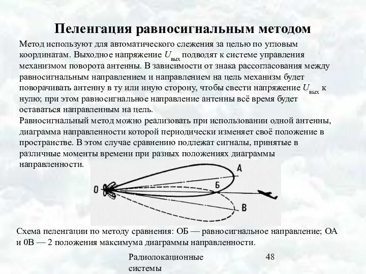 Радиолокационные системы Пеленгация равносигнальным методом Метод используют для автоматического слежения за целью