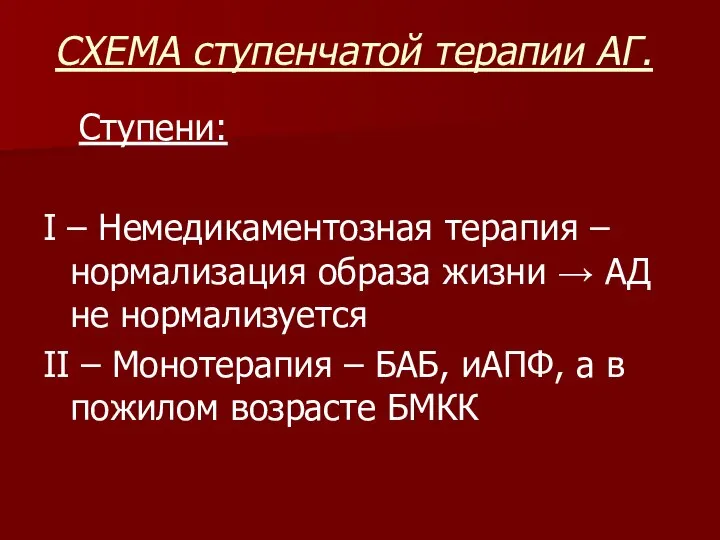 СХЕМА ступенчатой терапии АГ. Ступени: I – Немедикаментозная терапия – нормализация образа