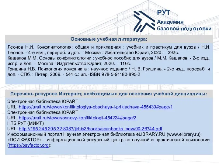 Перечень ресурсов Интернет, необходимых для освоения учебной дисциплины: Основные учебная литература: Леонов