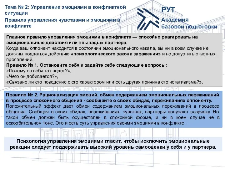 Тема № 2: Управление эмоциями в конфликтной ситуации Главное правило управления эмоциями