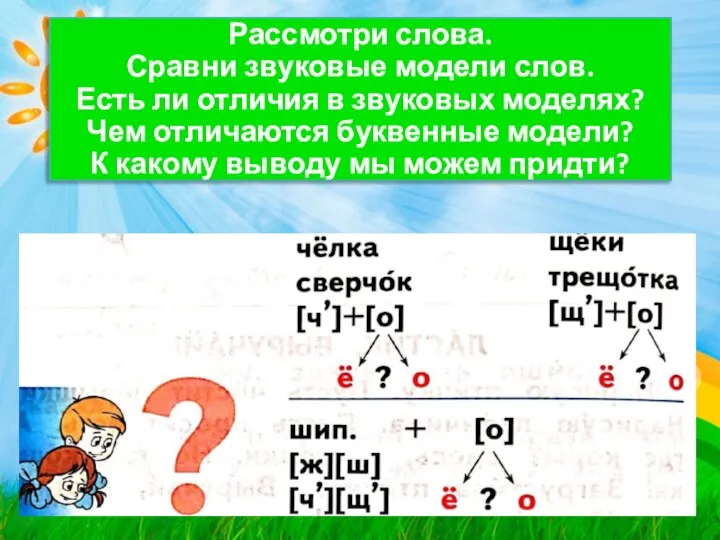 Рассмотри слова. Сравни звуковые модели слов. Есть ли отличия в звуковых моделях?