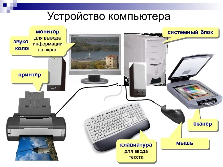 Устройство компьютера системный блок звуковые колонки принтер мышь сканер клавиатура для ввода