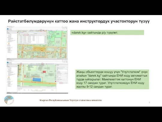 Райстатбөлүмдөрүнүн каттоо жана инструктордук участокторун түзүү Кыргыз Республикасынын Улуттук статистика комитети Жаңы