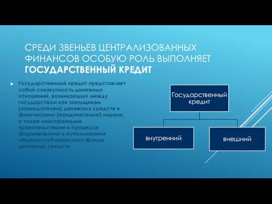 СРЕДИ ЗВЕНЬЕВ ЦЕНТРАЛИЗОВАННЫХ ФИНАНСОВ ОСОБУЮ РОЛЬ ВЫПОЛНЯЕТ ГОСУДАРСТВЕННЫЙ КРЕДИТ Государственный кредит представляет