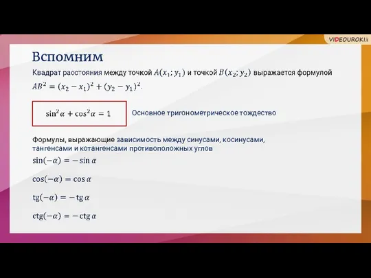 Вспомним Основное тригонометрическое тождество Формулы, выражающие зависимость между синусами, косинусами, тангенсами и котангенсами противоположных углов