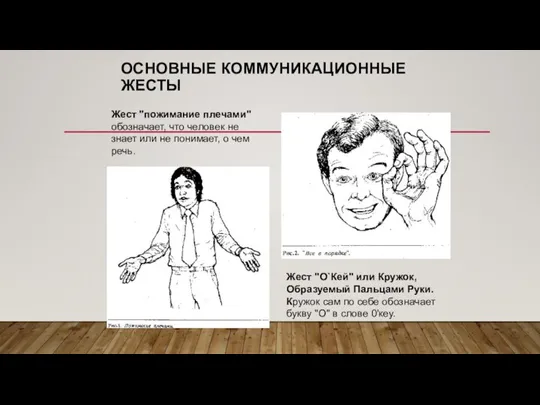 ОСНОВНЫЕ КОММУНИКАЦИОННЫЕ ЖЕСТЫ Жест "пожимание плечами" обозначает, что человек не знает или