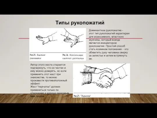 Типы рукопожатий Доминантное рукопожатие - этот тип рукопожатий характерен для агрессивного, властного