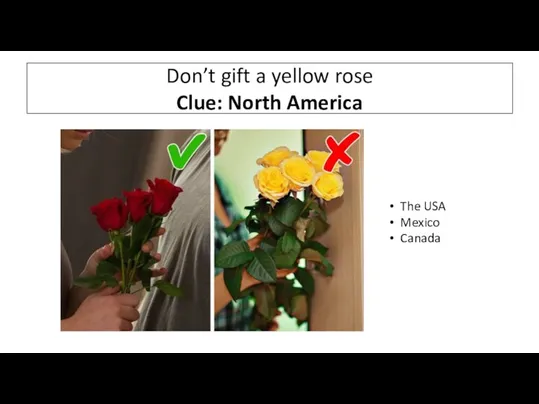 Don’t gift a yellow rose Clue: North America The USA Mexico Canada