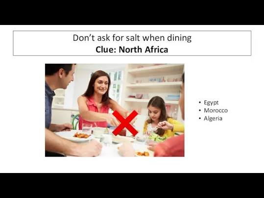 Don’t ask for salt when dining Clue: North Africa Egypt Morocco Algeria