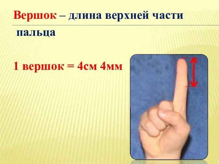 Вершок – длина верхней части пальца 1 вершок = 4см 4мм