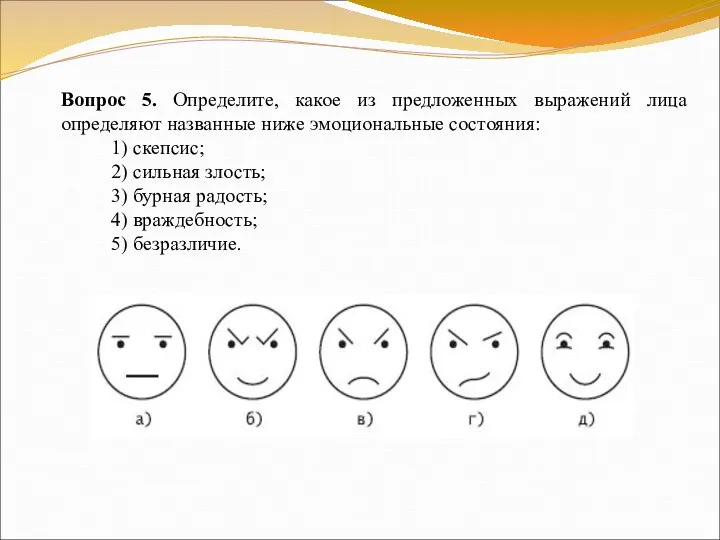 Вопрос 5. Определите, какое из предложенных выражений лица определяют названные ниже эмоциональные