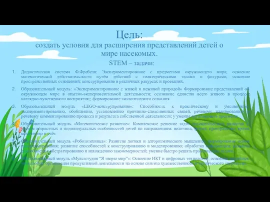 Цель: создать условия для расширения представлений детей о мире насекомых. STEM –