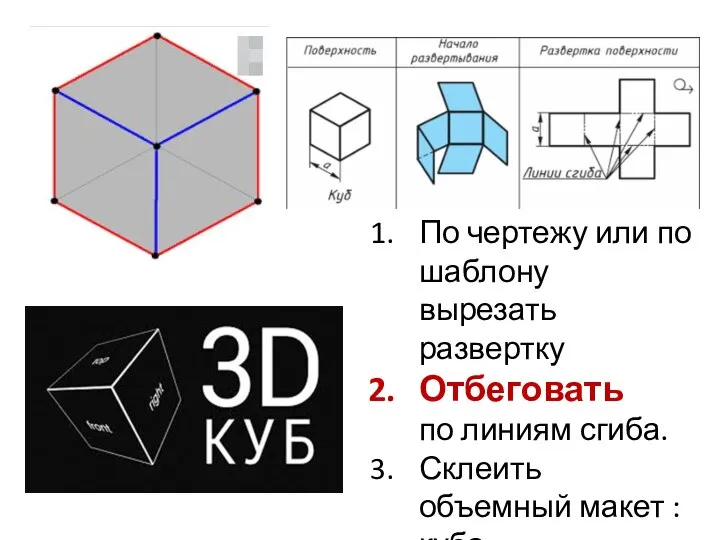 По чертежу или по шаблону вырезать развертку Отбеговать по линиям сгиба. Склеить объемный макет : куба