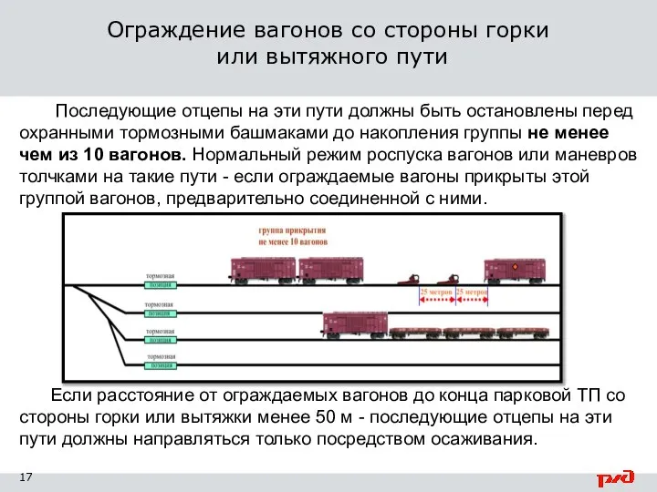 Последующие отцепы на эти пути должны быть остановлены перед охранными тормозными башмаками