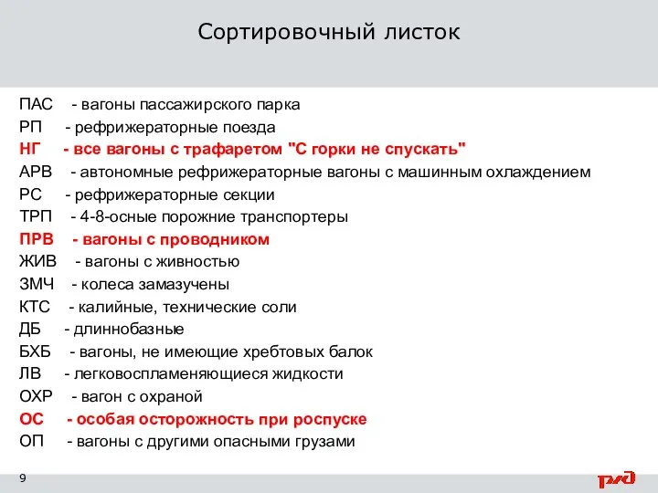 Сортировочный листок ПАС - вагоны пассажирского парка РП - рефрижераторные поезда НГ