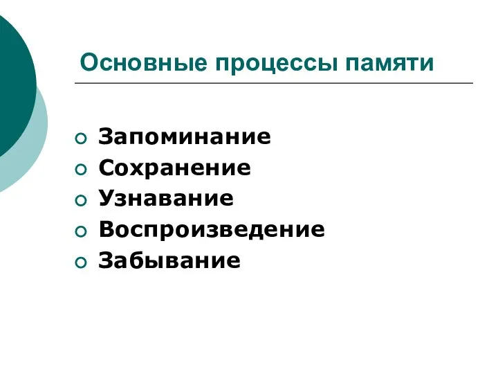 Основные процессы памяти Запоминание Сохранение Узнавание Воспроизведение Забывание