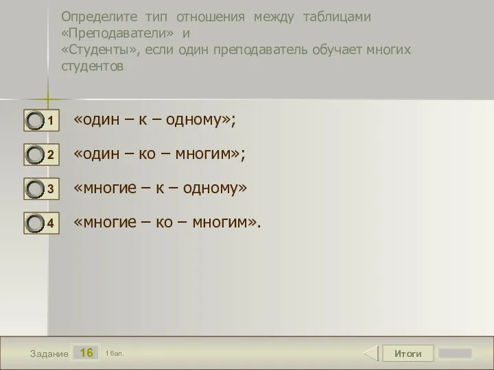 Итоги 16 Задание 1 бал. Определите тип отношения между таблицами «Преподаватели» и