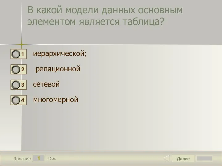 Далее 1 Задание 1 бал. В какой модели данных основным элементом является