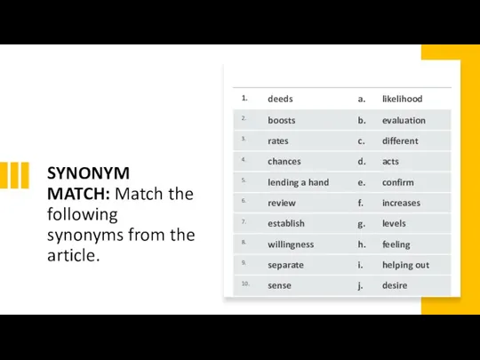 SYNONYM MATCH: Match the following synonyms from the article.