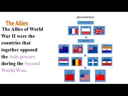 The Allies of World War II were the countries that together opposed