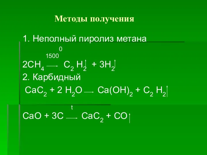 Методы получения 1. Неполный пиролиз метана 15000 2СН4 С2 Н2 + 3Н2