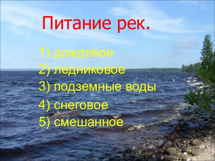 Питание рек. 3) подземные воды 4) снеговoе 5) смешанное 1) дождевое 2) ледниковое