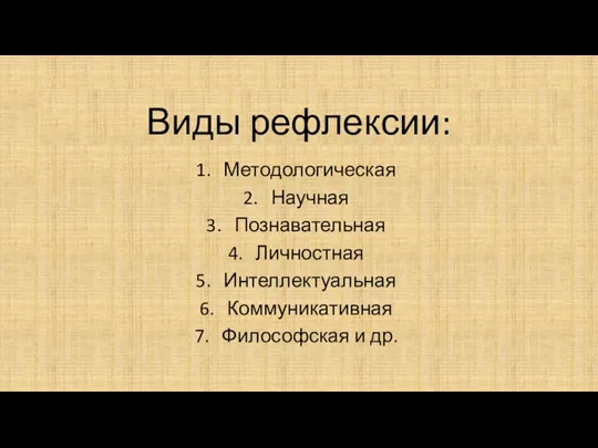 Виды рефлексии: Методологическая Научная Познавательная Личностная Интеллектуальная Коммуникативная Философская и др.