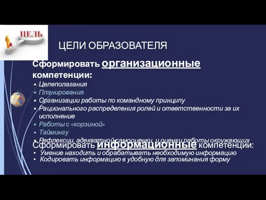 Сформировать организационные компетенции: Целеполагания Планирования Организации работы по командному принципу Рационального распределения