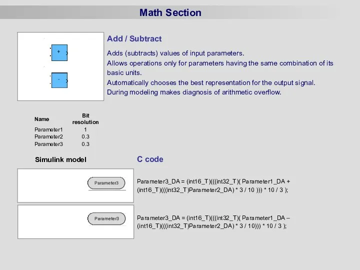 Math Section Simulink model C code