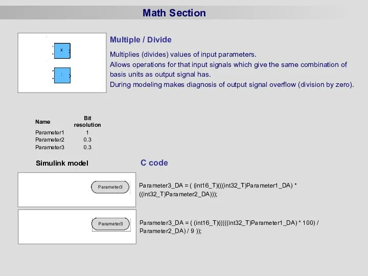 Math Section Simulink model C code