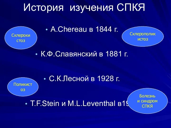 История изучения СПКЯ А.Chereau в 1844 г. К.Ф.Славянский в 1881 г. С.К.Лесной