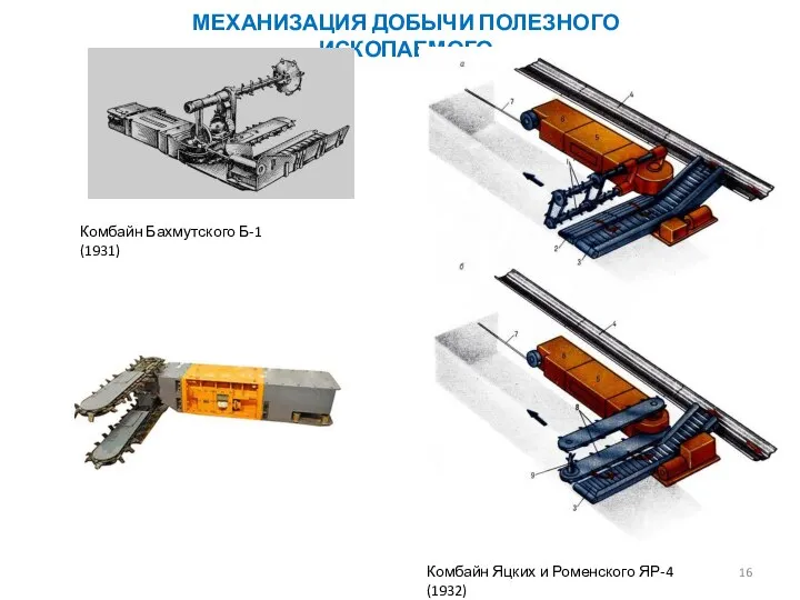 МЕХАНИЗАЦИЯ ДОБЫЧИ ПОЛЕЗНОГО ИСКОПАЕМОГО Комбайн Бахмутского Б-1 (1931) Комбайн Яцких и Роменского ЯР-4 (1932)