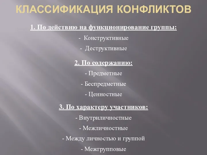 КЛАССИФИКАЦИЯ КОНФЛИКТОВ 1. По действию на функционирование группы: - Конструктивные - Деструктивные